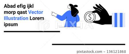 Financial strategy, digital marketing, economic planning, creative design, education materials, branding. Gesturing person, hand holding coin text blocks. Financial strategy and digital marketing 136121868