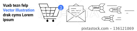 Cybersecurity, online threats, ecommerce safety, email protection, digital security, and hacker attacks. A shopping cart, email and missile icons labeled DDoS attack. Cybersecurity and online 136121869
