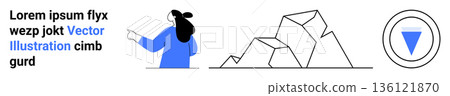 Data visualization, minimal design, education, creative design, infographic elements, and abstract communication. Woman pointing at abstract shapes and structures. Data visualization and minimal 136121870
