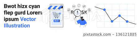 E-commerce, risk management, data analysis, financial trends, online shopping concepts, business strategy. Visual elements include a storefront, risk icons and a line graph. E-commerce and risk 136121885