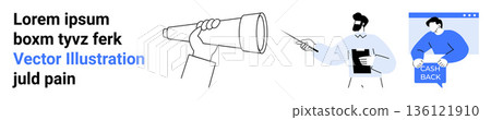 Strategic planning, business growth, cashback reward, professional guidance, exploration, future opportunities. Person with telescope, clipboard and cashback icon. Strategic planning and business 136121910