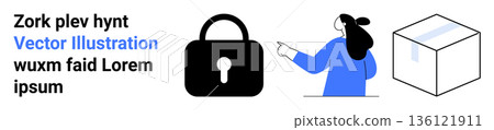 Security, privacy, logistics, digital safety, data protection, shipment. A lock, a woman pointing and a box. Security and privacy emphasis through the lock and pointing woman Security, privacy, logistics, digital safety, data protection, shipment. A lock, a woman pointing and a box. Security and privacy emphasis through the lock and pointing woman 136121911