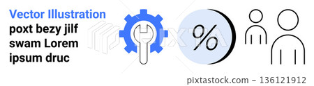 Business solutions, teamwork concepts, technical tools, finance insights, collaboration strategies, process efficiency. Gear with wrench, percentage symbol and line figures. Tools and finance Business solutions, teamwork concepts, technical tools, finance insights, collaboration strategies, process efficiency. Gear with wrench, percentage symbol and line figures. Tools and finance 136121912