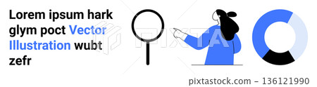 Data analytics, business insights, education, teamwork, communication, presentation. Character pointing at circle charts and diagrams. Data analytics and business insights concept Data analytics, business insights, education, teamwork, communication, presentation. Character pointing at circle charts and diagrams. Data analytics and business insights concept 136121990