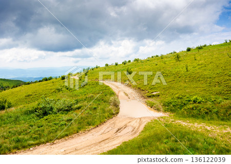 country dirt road through carpathian mountains of ukraine on a summer day. scenic view of green rolling hills under blue sky with clouds. beautiful alpine meadow and distant ridge for background 136122039