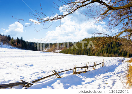 rustic wooden fence through snow covered hill. beautiful view on winter sunny morning in carpathian mountains. alpine village outskirts near forest in rural landscape. remote countryside of ukraine 136122041
