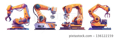 Robotic gripper. Robot arm factory manipulator, automation mechanical hand claw manufacturing industry machine machinery equipment assembly production line vector illustration 136122159