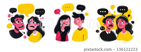 Couple talking emotion. People speech bubbles, friends dialogue chat man woman quarrel or reconcile partners relationship happy sad discussion laugh conflict vector illustration 136122223