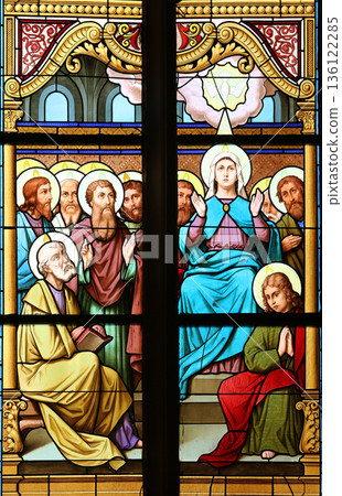 Descent of the Holy Spirit, stained glass window in Basilica Assumption of the Virgin Mary in Marija Bistrica, Croatia Descent of the Holy Spirit, stained glass window in Basilica Assumption of the Virgin Mary in Marija Bistrica, Croatia 136122285
