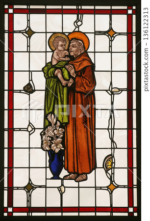 Saint Anthony of Padua, stained glass window in the Church of Saint Anne in Bjelovar, Croatia Saint Anthony of Padua, stained glass window in the Church of Saint Anne in Bjelovar, Croatia 136122313