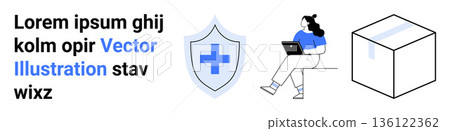 Cybersecurity, remote work, logistics, protection, technology, digital solutions. A shield with a cross, a person using a laptop and a package box. Cybersecurity and remote work 136122362