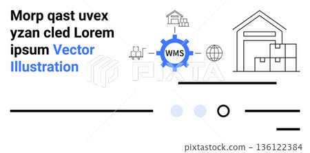 Supply chain logistics, warehouse management, inventory tracking, digital storage, distribution network, operational efficiency. Warehouse, WMS gear symbol storage and connectivity icons. Warehouse 136122384
