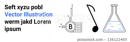 Blockchain innovation, cryptocurrency, scientific analysis, music theory, creative design, and future concepts. Bitcoin circuit, a music note and a lab flask. Blockchain and scientific analysis Blockchain innovation, cryptocurrency, scientific analysis, music theory, creative design, and future concepts. Bitcoin circuit, a music note and a lab flask. Blockchain and scientific analysis 136122405