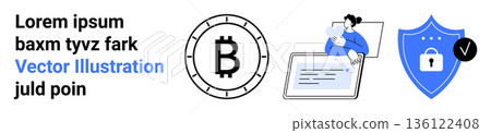 Cryptocurrency, cyber protection, digital finance, online transactions, blockchain security, data safety. Bitcoin symbol, shield and person with laptop. Cryptocurrency and cyber protection concept Cryptocurrency, cyber protection, digital finance, online transactions, blockchain security, data safety. Bitcoin symbol, shield and person with laptop. Cryptocurrency and cyber protection concept 136122408