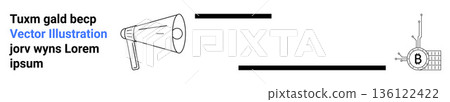 Communication, blockchain, data sharing, technological advancements, networking, and digital transformation. Illustration of a megaphone and a circuit node. Communication and blockchain technology 136122422