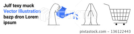 Actions, communication, daily life, shopping, functionality, expression. Minimalistic design with a hand pouring water, folded hands and a shopping cart. Actions and communication conceptually 136122443
