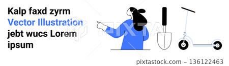 Gardening, transportation, urban mobility, outdoor activities, tools, ecology. A woman pointing with a gardening trowel and a kick scooter nearby. Gardening and transportation conceptual elements Gardening, transportation, urban mobility, outdoor activities, tools, ecology. A woman pointing with a gardening trowel and a kick scooter nearby. Gardening and transportation conceptual elements 136122463