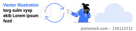 Data synchronization, cloud storage, connectivity, digital transfer, technology interface, cloud computing. Person pointing at arrows near a cloud icon. Data synchronization and cloud storage concept 136122512