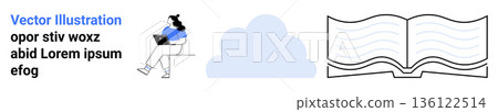 Education, cloud technology, online learning, digital resources, remote work, cloud storage. A woman working on a laptop next to a cloud icon and an open book. Education and cloud technology concept 136122514