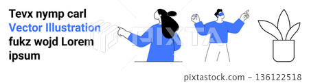 Digital art, conceptual visuals, minimalism, artistic elements, lifestyle, creativity. Two characters pointing and gesturing in blue outfits with a potted plant. Digital art and minimalism Digital art, conceptual visuals, minimalism, artistic elements, lifestyle, creativity. Two characters pointing and gesturing in blue outfits with a potted plant. Digital art and minimalism 136122518