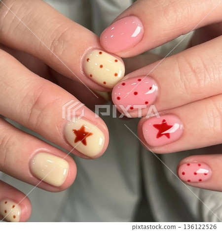 Creative nail art featuring intricate designs, vibrant colors, and unique patterns. Perfect for beauty and fashion photography, showcasing trends in nail designs and the artistry of manicure. 136122526
