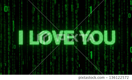 Green digital display showcasing the phrase I Love You amidst flowing binary code, camera zooms in to emphasize the message of love in a tech-inspired scene. High quality photo 136122572