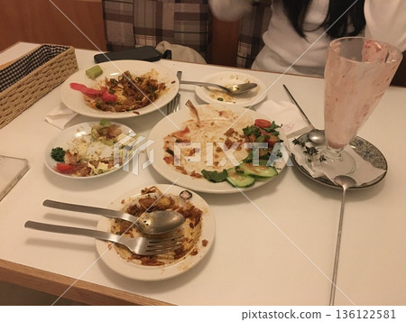 Dirty dishes stacked after a meal, covered with leftover food and grease. These items await cleaning, symbolizing the end of a meal and the beginning of the post-eating cleanup process. 136122581