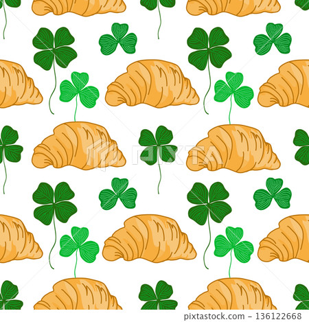 Croissants and Clover leaves seamless pattern. Lucky symbol background or Saint Patrick Day backdrop. Vector illustration Croissants and Clover leaves seamless pattern. Lucky symbol background or Saint Patrick Day backdrop. Vector illustration 136122668
