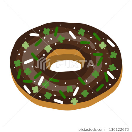 Happy St Patrick day sweet chocolate donut decorated with shamrock leaves sprinkles for Irish holiday, cartoon vector illustration. Green cookie dessert for Saint Patrick holiday party Happy St Patrick day sweet chocolate donut decorated with shamrock leaves sprinkles for Irish holiday, cartoon vector illustration. Green cookie dessert for Saint Patrick holiday party 136122673