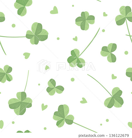 Clover leaves seamless pattern. Lucky shamrock symbol background or Saint Patrick Day backdrop. Vector illustration. Clover leaves seamless pattern. Lucky shamrock symbol background or Saint Patrick Day backdrop. Vector illustration. 136122679