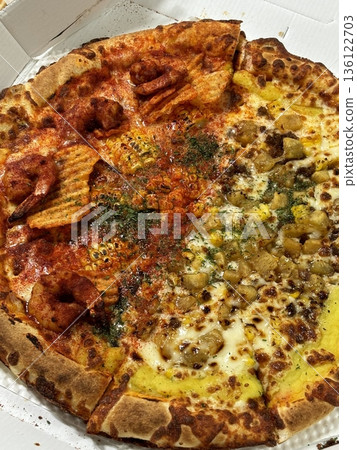 A delicious pizza with a golden crust, melted cheese, and savory toppings. Perfect for food-related designs, menus, or Italian-themed projects, capturing the essence of a classic comfort dish. 136122703