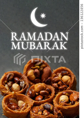 Delicious sweets for Ramadan celebrations with greeting for the festive month 136122856