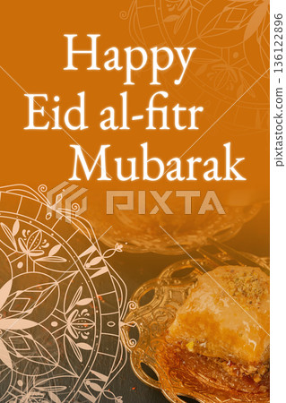 Celebration of Eid al-Fitr with desserts and greetings in a festive setting Celebration of Eid al-Fitr with desserts and greetings in a festive setting 136122896