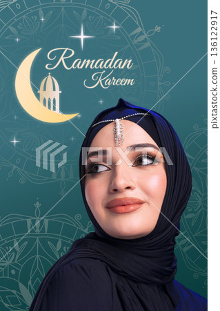 Celebration of Ramadan with a woman in a headscarf looking upward Celebration of Ramadan with a woman in a headscarf looking upward 136122917