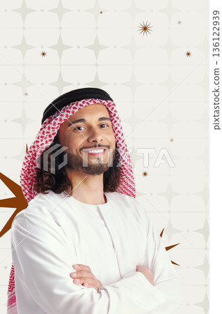 Smiling man in traditional dress during Ramadan celebration in a festive setting Smiling man in traditional dress during Ramadan celebration in a festive setting 136122939