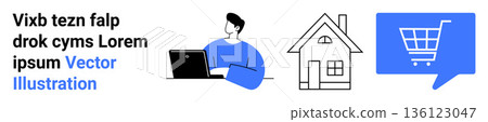 Remote work, digital shopping, e-commerce, home living, online communication, technology trends. A person using a laptop, a house symbol and a shopping cart icon in a speech bubble. Remote work Remote work, digital shopping, e-commerce, home living, online communication, technology trends. A person using a laptop, a house symbol and a shopping cart icon in a speech bubble. Remote work 136123047