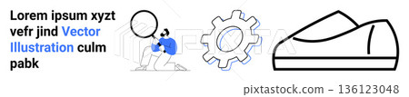 Digital design, technology processes, innovation tools, creative workflow, abstract art, branding visual. Person with gear and shoe illustration outlines. Design concept and technology processes Digital design, technology processes, innovation tools, creative workflow, abstract art, branding visual. Person with gear and shoe illustration outlines. Design concept and technology processes 136123048