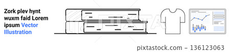 Education, fashion, business analytics, learning resources, research, and statistics. Stack of books, plain t-shirt and chart with data visualization. Education and fashion concept 136123063
