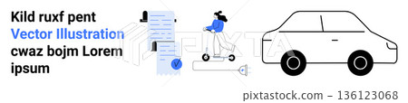 Urban mobility, commuting, transportation, daily tasks, paperwork management, eco-friendly travel. Person riding a scooter, document stack and car illustration. Urban mobility and commuting ideas Urban mobility, commuting, transportation, daily tasks, paperwork management, eco-friendly travel. Person riding a scooter, document stack and car illustration. Urban mobility and commuting ideas 136123068