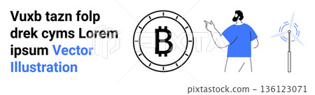 Cryptocurrency, renewable energy, blockchain innovation, eco-friendly technology, green power, sustainable finance. Bitcoin symbol, man pointing to wind turbine. Cryptocurrency and renewable energy 136123071