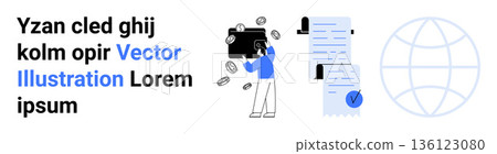 Financial technology, online payments, ecommerce, business documentation, workflow automation, global networks. Person interacting with a wallet, falling coins receipt globe. Financial technology Financial technology, online payments, ecommerce, business documentation, workflow automation, global networks. Person interacting with a wallet, falling coins receipt globe. Financial technology 136123080