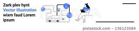 Delivery services, logistics solutions, online shopping, navigation tools, business planning, remote work. Woman sitting with laptop and map showing tracking icons. Delivery services and logistics Delivery services, logistics solutions, online shopping, navigation tools, business planning, remote work. Woman sitting with laptop and map showing tracking icons. Delivery services and logistics 136123084