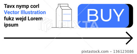 E-commerce, online shopping, user interface, digital marketing, purchasing, web design. Blue Buy button with packaging illustration and arrow. E-commerce and online shopping concept 136123086