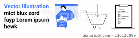 E-commerce, cashback rewards, online shopping, customer benefits, retail incentives, transaction management. A figure holding cashback text, a shopping cart and checklist imagery. Cashback rewards E-commerce, cashback rewards, online shopping, customer benefits, retail incentives, transaction management. A figure holding cashback text, a shopping cart and checklist imagery. Cashback rewards 136123089