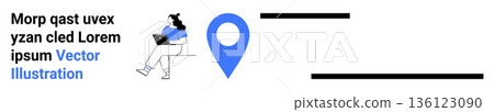 Navigation, remote work, technology, location tracking, online services, analytics. A woman using a laptop beside a blue location pin and text elements. Navigation and remote work concepts Navigation, remote work, technology, location tracking, online services, analytics. A woman using a laptop beside a blue location pin and text elements. Navigation and remote work concepts 136123090