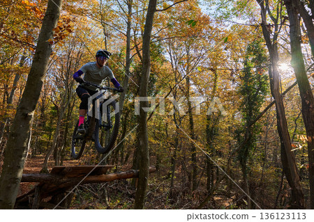 Mountain Biker Jumping Over Wooden Ramp in Autumn Forest Trail During Daylight Mountain Biker Jumping Over Wooden Ramp in Autumn Forest Trail During Daylight 136123113