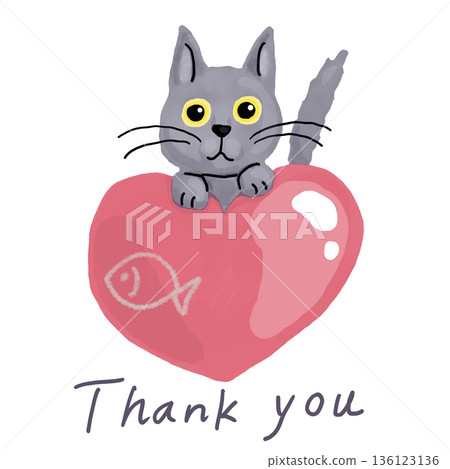 灰色小貓把爪子搭在一顆粉紅色的心上 136123136