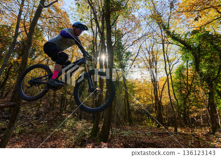 Mountain Biker Jumping Through Autumn Forest Trail Under Golden Sunlight in Outdoor Adventure 136123143