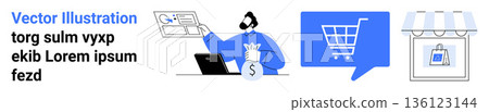 Online shopping, secure transactions, digital payment, e-commerce management, retail marketing, checkout process. Person holding money with shopping cart icon and storefront. Online shopping Online shopping, secure transactions, digital payment, e-commerce management, retail marketing, checkout process. Person holding money with shopping cart icon and storefront. Online shopping 136123144