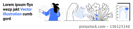 Environmental awareness, digital interaction, sustainability, communication, self-care, mobile technology. Woman pointing, hand watering flowers phone with heart. Environmental awareness and digital 136123148
